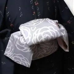 【オークション！】半巾帯　シンプルかわいい牡丹柄とウォーターカラーチェックグレー