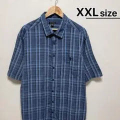 USA古着　半袖シャツ　2X　ブルー　チェック柄　ポリエステル　レギュラーカラー