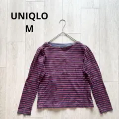 ユニクロ UNIQLO M ネイビー レッド ストライプ 長袖Tシャツ