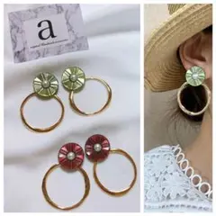 2257-1 2way☺︎ピスタチオとパールのシェル風ピアス×ゴールドフープ☺︎