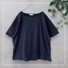 【スタジオクリップ】レーススリーブ半袖カットソー(M)Tシャツ　無地　ネイビー
