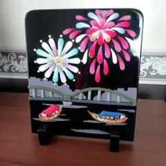 ハンドメイド　衝立　日本の夏風景　「花火と屋形船」