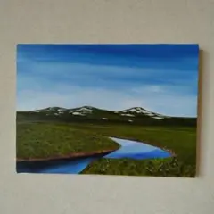 自作風景油彩画、北海道雨竜沼湿原と山々の残雪画、再張キャンバス画、サイズF-4
