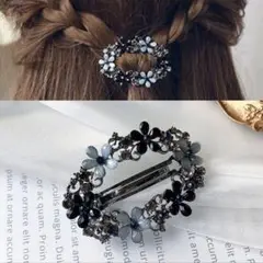 忘れな草のような青い小花モチーフのリース型バレッタ／ブラック黒ゴシック