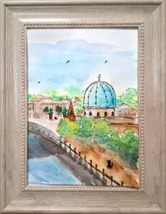 青いドームのある街　2Lサイズフレーム入り　原画　水彩画　風景画　黒猫と街