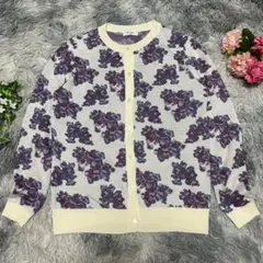 スキャパ SCAPA 花柄カーディガン 総柄 ラメ【M相当】長袖 オフホワイト