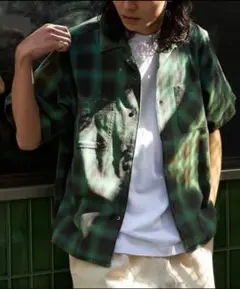 FREAK'S STORE ブリーチ加工 オープンカラー オンブレチェックシャツ