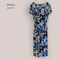 【Mulexs】✨タグ付き美品✨花柄ワンピース　半袖　ミモレ　総柄　ブラック