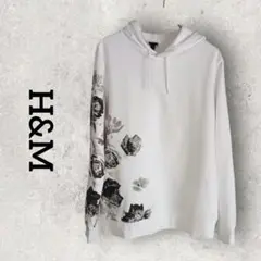 H&M フラワープリント 黒薔薇 フーディパーカー メンズ (М) ホワイト