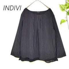 INDIVI✳️ストライプ 長袖 カットソー【42】 タック入 紺 白 LL