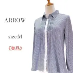 【美品◎】アロー レース隠ボタンブラウス ブルーストライプ サイズM