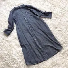 美品☆ワンピース　シャツワンピース　ノーカラー　ロング　ヒッコリー　M