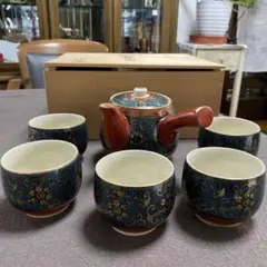 未使用品 九谷焼 仙龍 金彩 青粒鉄仙 茶器揃 急須 湯呑み 茶器セット
