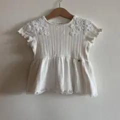 petit main プティマイン 肩花レース裾チュールカットTシャツ 90