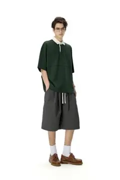 ショートパンツ　ブラック　6分丈　ゆったりワイド　S　ウエストゴム　バミューダ