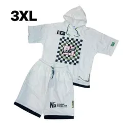 そ　メンズ　半袖セット　3XL チェック柄 フード付き　ホワイト