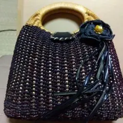 ダークブラウン かごバッグ 花飾り付き　中古品　美品