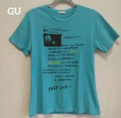 GU　メッセージプリント Tシャツ M ターコイズブルー