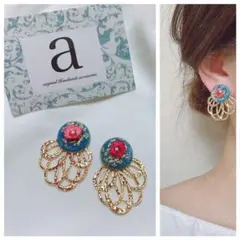 2291-1 2way☺︎ブルーとピンクのフラワーピアス×ゴールドフラワー☺︎