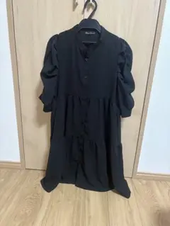 ブラック 半袖シャツワンピース L