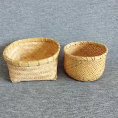 ハンドメイド　竹細工　白竹製の輪弧編み小物入れセット【新品】器　籠