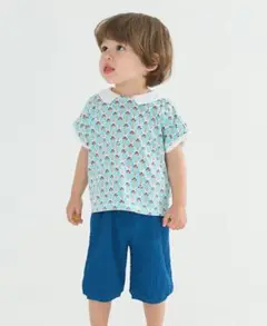 美品【モイモルン】セットアップ　ブルーピーコックトップス＆パンツ　110cm