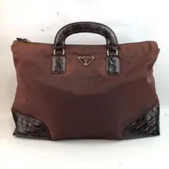 PRADA プラダ ナイロン ロゴプレート トートバッグ 型押し ブラウン
