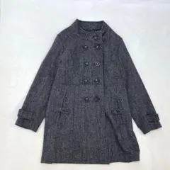 Q63 メランジミドルコート　スタンドカラー　ボタン　ブラック　L