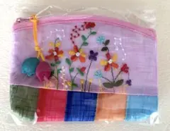 【新品・未使用】花刺繍 ポジャギ チョガッポ　韓国 ミニポーチ　ピンク