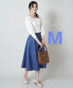 試着のみ★OFUON オフオン 【洗える】ステッチフレアスカート 38 M 青