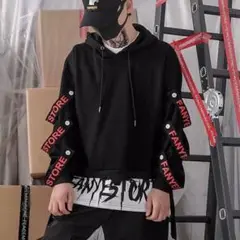 【残り1点】袖ベルト付き パーカー 長袖 ブラック 黒 韓国