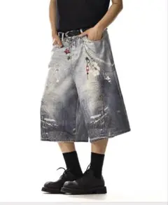 ダメージ加工 グレー ワイドシルエット ジョーツ