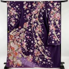 振袖 45654美品 名品 御所車 草花 銀通し 箔 紫 袷