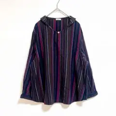 シャツ　七分袖　LL ネイビー　ブラウン　ストライプ　カジュアル　ゆったり　秋冬