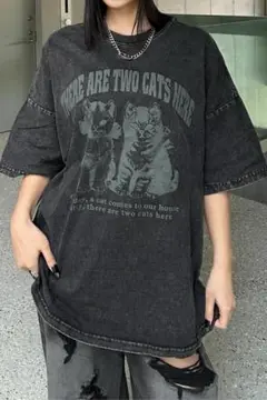Y2K ヴィンテージキャットTシャツ　ダメージ　猫　Black KsG