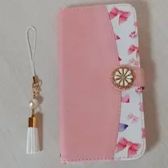 su826 iPhone 8 plus リボン&ハート柄 手帳型ケース ピンク