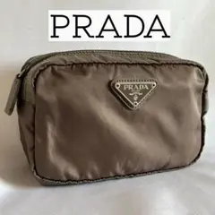 【大人気】プラダ ナイロン メイク ポーチ カーキ 三角プレート PRADA