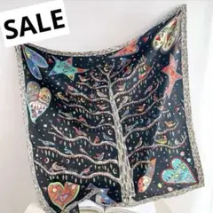SALE 美品 レディースバンダナスカーフ 木のアート ハート 星 ホワイトデ