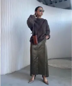 AMERI REFLECTION TWEED SKIRT カーキ