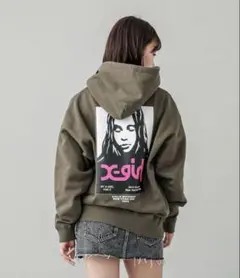 X-girl FACE POSTER SWEAT HOODIE カーキ　M