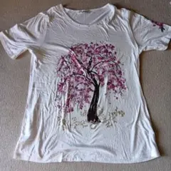 桜の木プリント ホワイトTシャツ Lサイズ