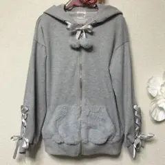シークレットハニー袖編み上げリボンうさ耳フード付パーカーMグレー超美品うさぎ