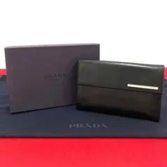 未使用保管品 レア プラダ ロゴ 金具 カーフレザー 三つ折り 財布 折り財布