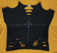 個性的デザイン★カットアウト×ダメージ加工 Tシャツ ブラック