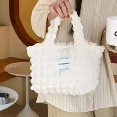 トートバッグ ポップコーン　ぽこぽこ　ホワイト　チャック付き　ポコポコバッグ