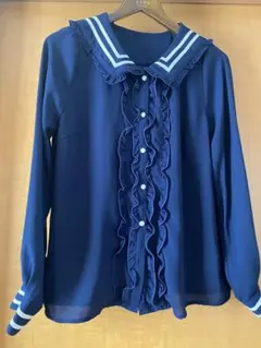 ネイビー フリル セーラー襟 シャツ