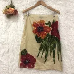 ★アンティック バティック★花柄刺繍 スカート【M】黄色 スパンコール付