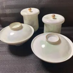 深川製磁 グリーン木蓮　睦揃　夫婦茶碗 湯呑み 蓋付き4客セット