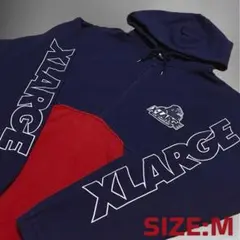 【希少】X-LARGE ハーフジップ パーカー スリーブロゴ M 紺× 赤