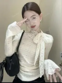 【迅速発送】SHEIN トップス 白 アプリコット コントラストレースブラウス
